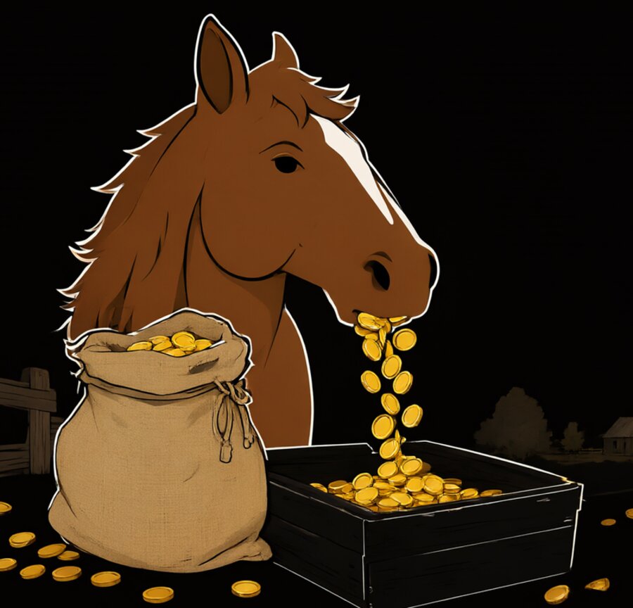 Oats the horse with his feed bag full of gold coins