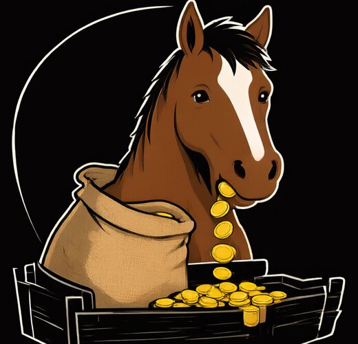 Oats the chestnut horse chewing gold coins beside his feed bag